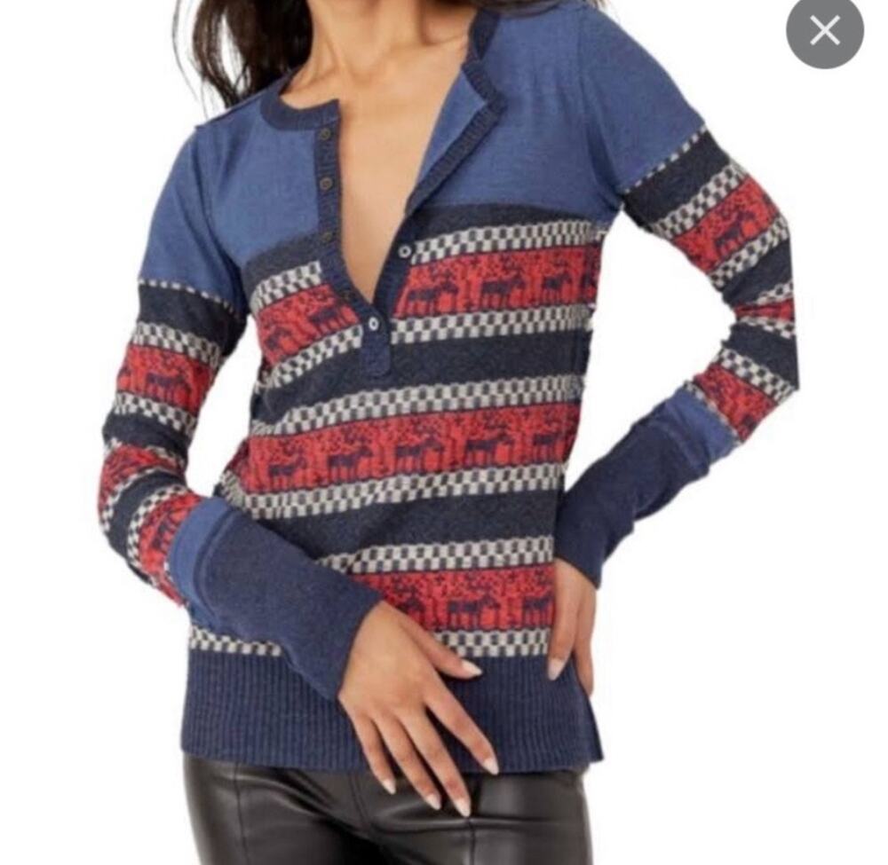 We The Free Sweater Womens M Blue Reindeer To The Woods Henley Thermal Top Crew